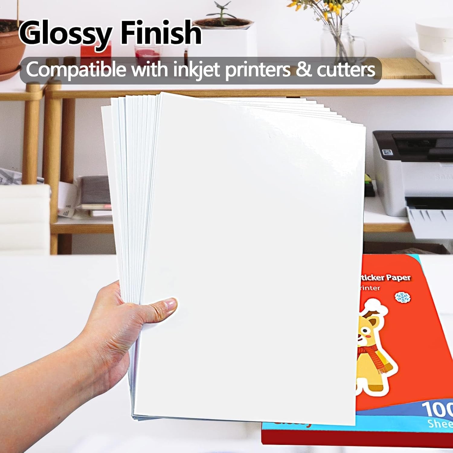 Lzerking Glossy Printable Vinyl Sticker Paper for Printer - 100 Sheets White Self-Adhesive, Quick-Drying Waterproof, for Inkjet & Laser Printers, Compatible with Cricut for Small Business, 8.5X11In
