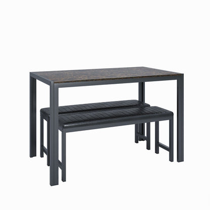 Dining Room Table Set, 3-Piece Marble Top Breakfast Nook Dining Table Set with 2 Upholstered Benches, Kitchen Table Set with Metal Frame, Modern Furniture for Home Cafeteria, Brown