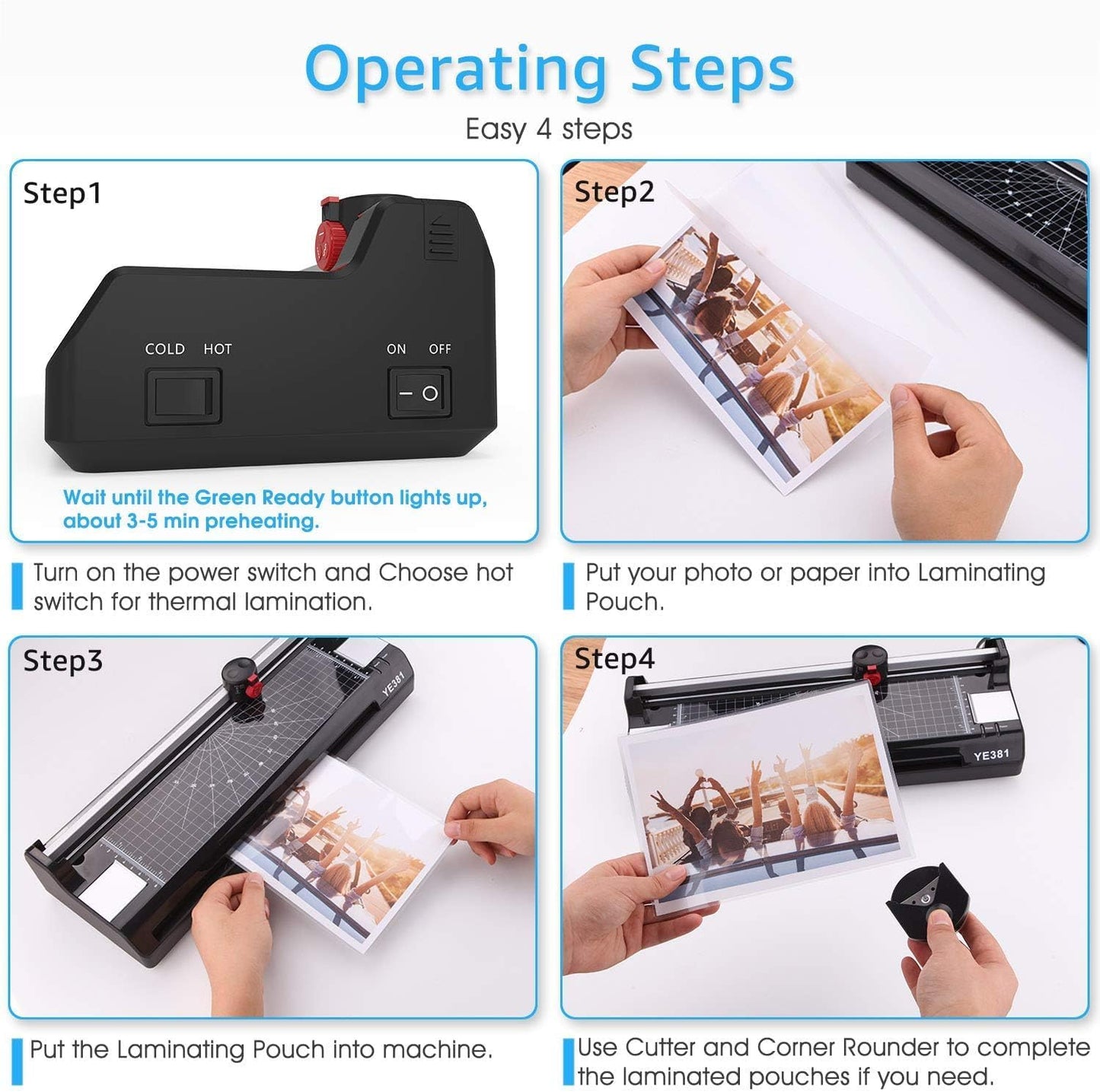 Laminator Machine for A3/A4/A6, YE381 13Inch Thermal & Cold Laminating Machine for Home Office School Teacher Use with 50 Pouches, Paper Trimmer and Corner Rounder | YE381 Thermal & Cold Laminating Machine for Home Office School Teacher Use , Built in Paper Trimmer and Corner Rounder