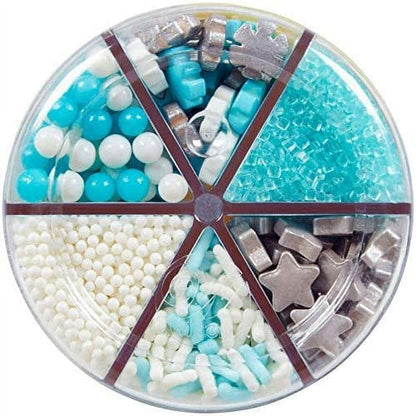 6-Cell Dessert Sprinkles Mix of Sugar, Jimmies and Nonpareils, Silver, Blue & White, 6.77 Oz.