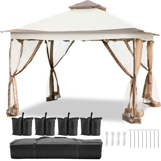 brand 12' X 12' Pop-Up Brown Rectangle Gazebo, Equipped with Four Sandbags, Ground Spikes, Netting, Ropes, Carrying Bag - Portable Brown Tent for Backyard, Patio and Lawn, Upgraded Version