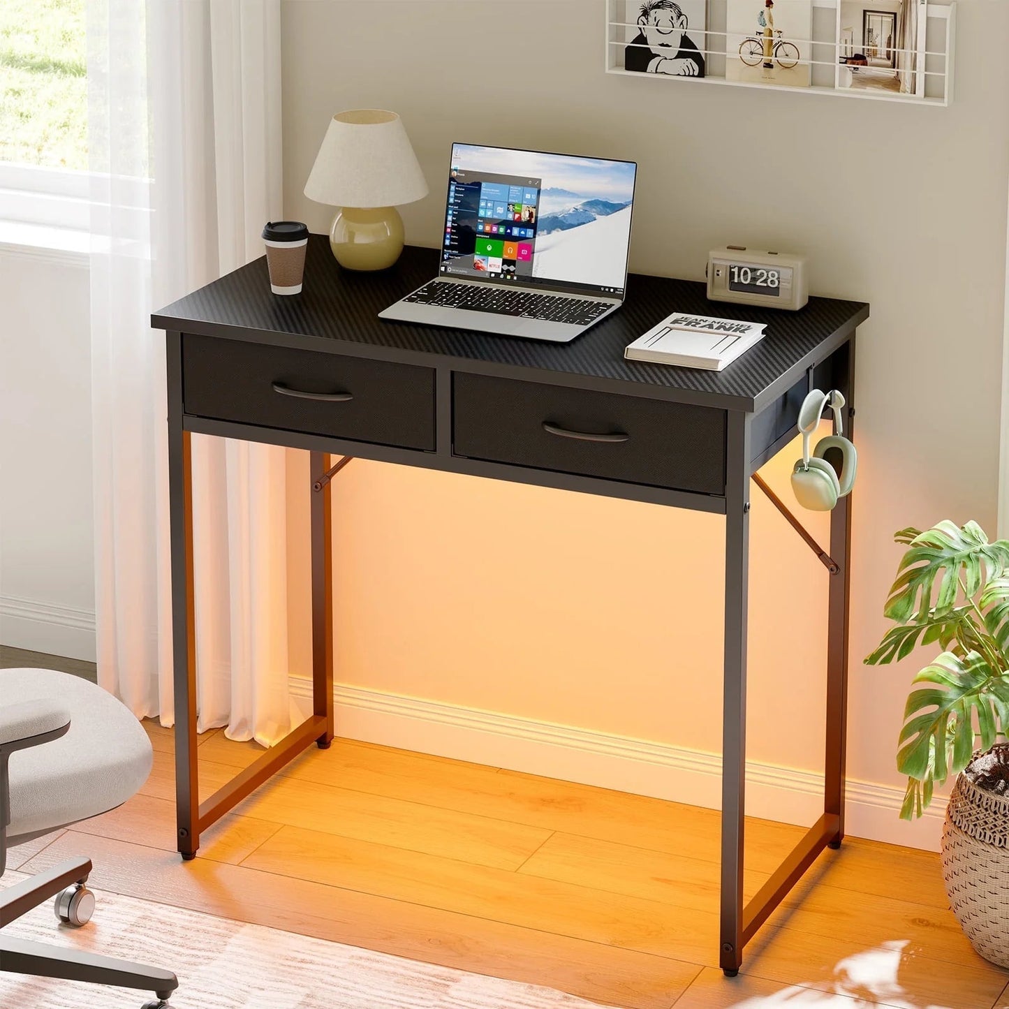 32 Inch Small Desk Computer Desk with Fabric Drawers& RGB LED Light, Writing Desk, White Vanity Desk with Hanging Hook Hook for Home, Bedroom, Black