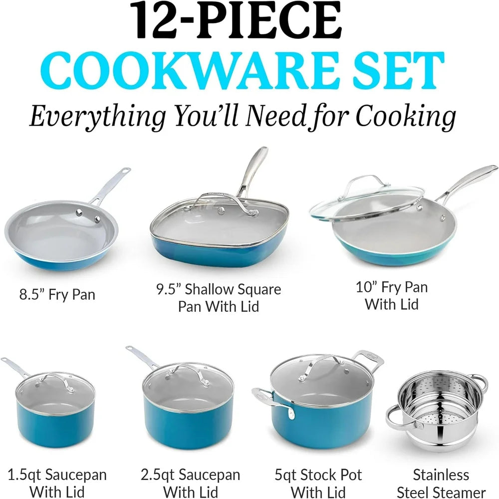 Pots and Pans Set Cookware Set with Nonstick Ceramic Coating Blue 12 Pcs