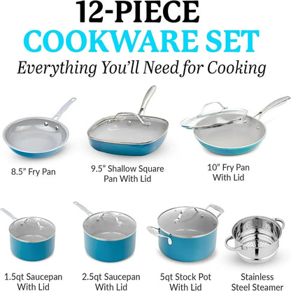 Pots and Pans Set Cookware Set with Nonstick Ceramic Coating Blue 12 Pcs