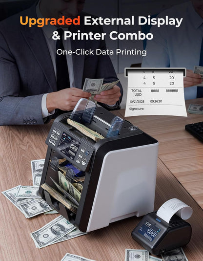 MUNBYN IMC23 Money Counter Machine Mixed Denomination with Reject Pocket, 2 CIS/UV/MG/IR/DD Counterfeit Detection, Multi Currency, Touch Screen, with External Display+Printer in One, 2Y Warranty
