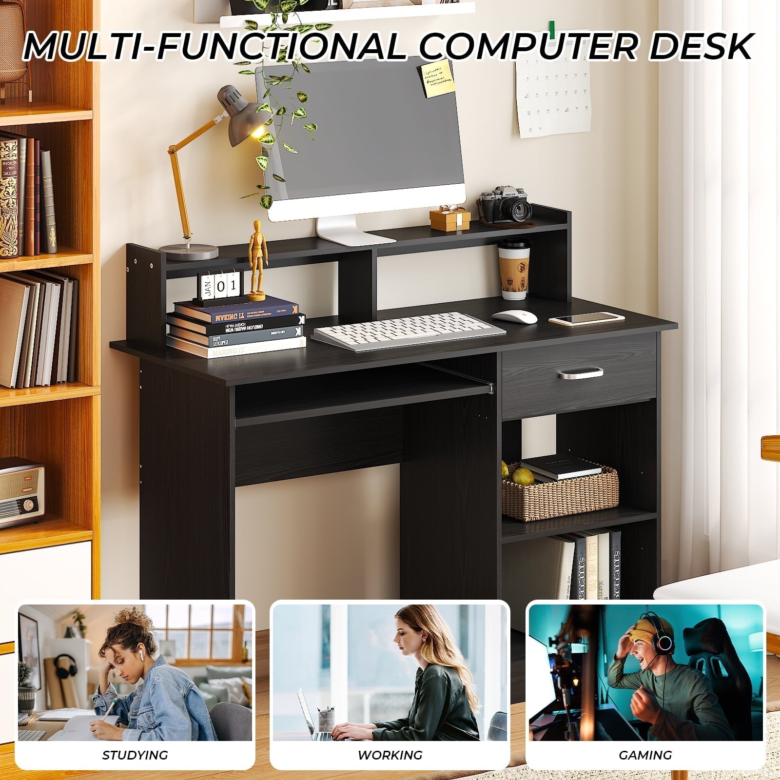 Wood Computer Desk Office Black Laptop PC Work Table Home Drawer & Keyboard Tray