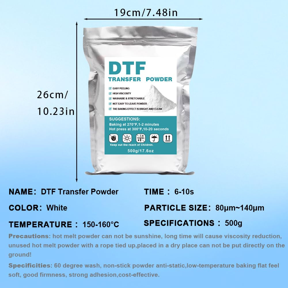 DTF Powder White - 500G/17.6 Oz Digital Transfer Hot Melt Adhesive,Pre-Treated Transfer Powder for All Fabrics, DTF Printing Material,Compatible with All DTF and DTG Printers.