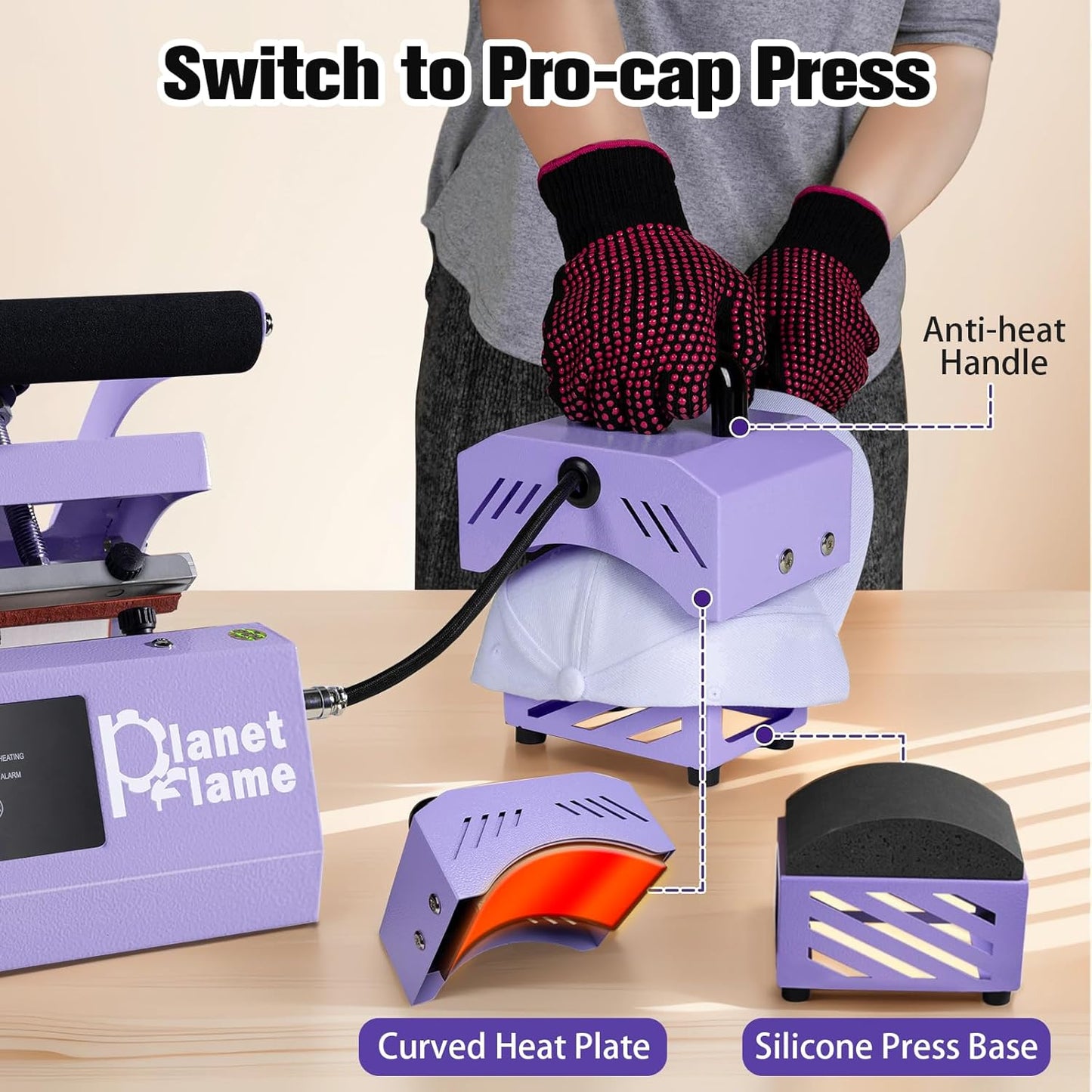 Tumbler and Hat Heat Press Machine, 2-In-1 Combo Machine for Cup and Cap with Gloves and High Temp Heat Resistant Tape for 11Oz-30Oz Sublimation Tumbler and All Caps, Purple