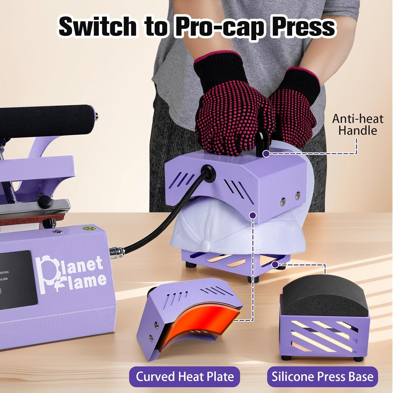 Tumbler and Hat Heat Press Machine, 2-In-1 Combo Machine for Cup and Cap with Gloves and High Temp Heat Resistant Tape for 11Oz-30Oz Sublimation Tumbler and All Caps, Purple