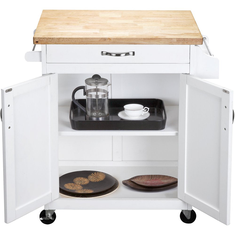 Kitchen Island Cart with Drawer and Storage Shelves, White