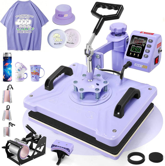 WHUBEFY Heat Press,8 in 1 Tshirt Printing Machine 15"X12" Digital Industrial Heat Transfer Machine,Sublimation Heat Press Machine for T Shirts/Mug/Cap/Plate/Diy (8 in 1 Heat Press(Purple))