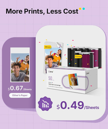 Liene Pearl N200 Pro Portable Photo Printer Photo Paper 50 Sheets & 5 Cartridges, Picture Printer Sticker Paper Adhesive, Waterproof, Smudge Proof, Photo Paper Only for DMP130 for Scrapbook