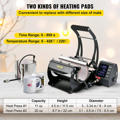 Mug Heat Press, 11Oz/11.5Cm and 20Oz/22Cm Two Platens, LCD Cup Press Machine with Detachable Transfer Sublimation Mats, DIY Presser for Coffee Skinny Tumblers, Silica-Gel Printing, Black