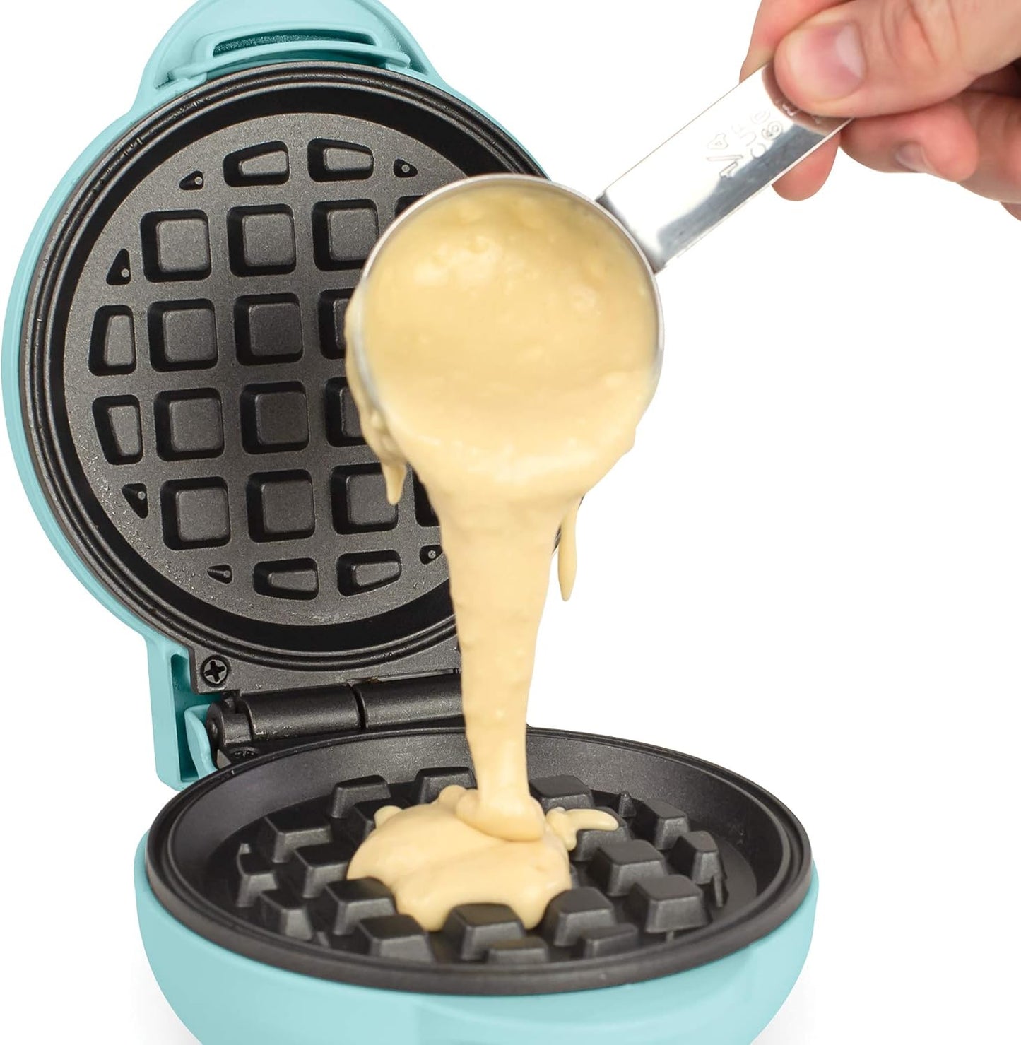 Nostalgia Mymini Personal Electric Waffle Maker, 5-Inch Cooking Surface, Waffle Iron for Hash Browns, French Toast, Grilled Cheese, Quesadilla, Brownies, Cookies, Aqua