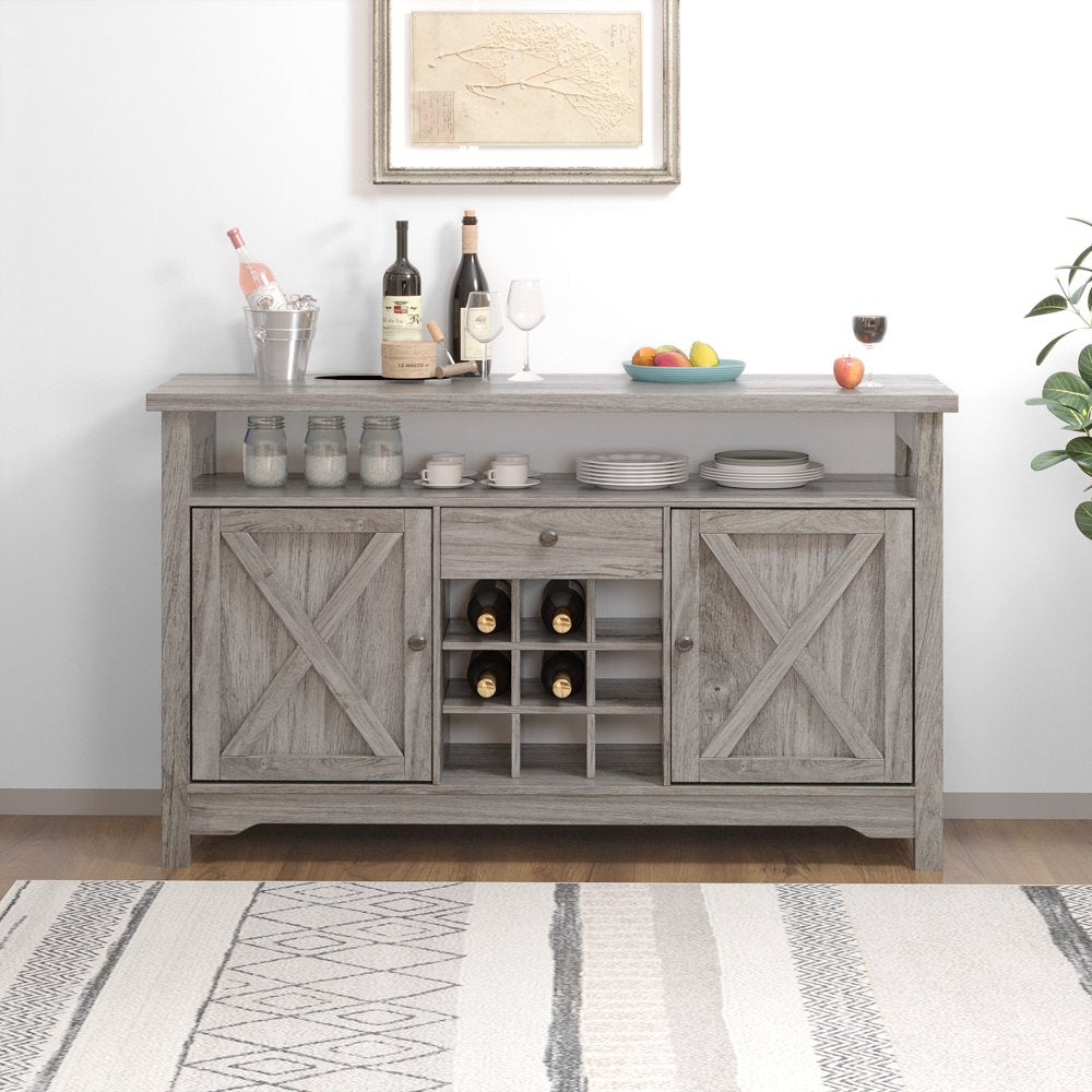 Farmhouse Coffee Bar Cabinet, 47" Kitchen Buffet Storage Cabinet with Barn Door, Liquor Cabinet with Wine Rack, Gray