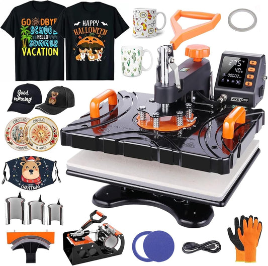 AKEYDIY Upgraded 8 in 1 Heat Press Machine for Tshirts 12''X15'' 360° Swing Away Shirt Press Machine for Sublimation Multifunctional Heat Transfer Machine Combo for DIY T-Shirts Cap & Mugs
