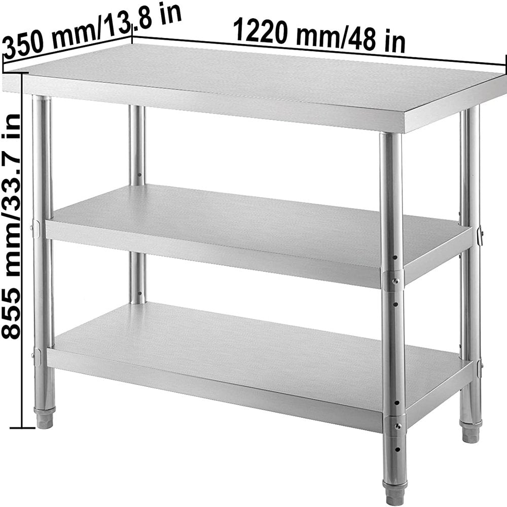 brand Outdoor Food Prep Table, 48 X 14 X 33 Inches Commercial Stainless Steel Table, 2 Adjustable Undershelf, Kitchen Work Table, for Garage, Home and Kitchen Silver