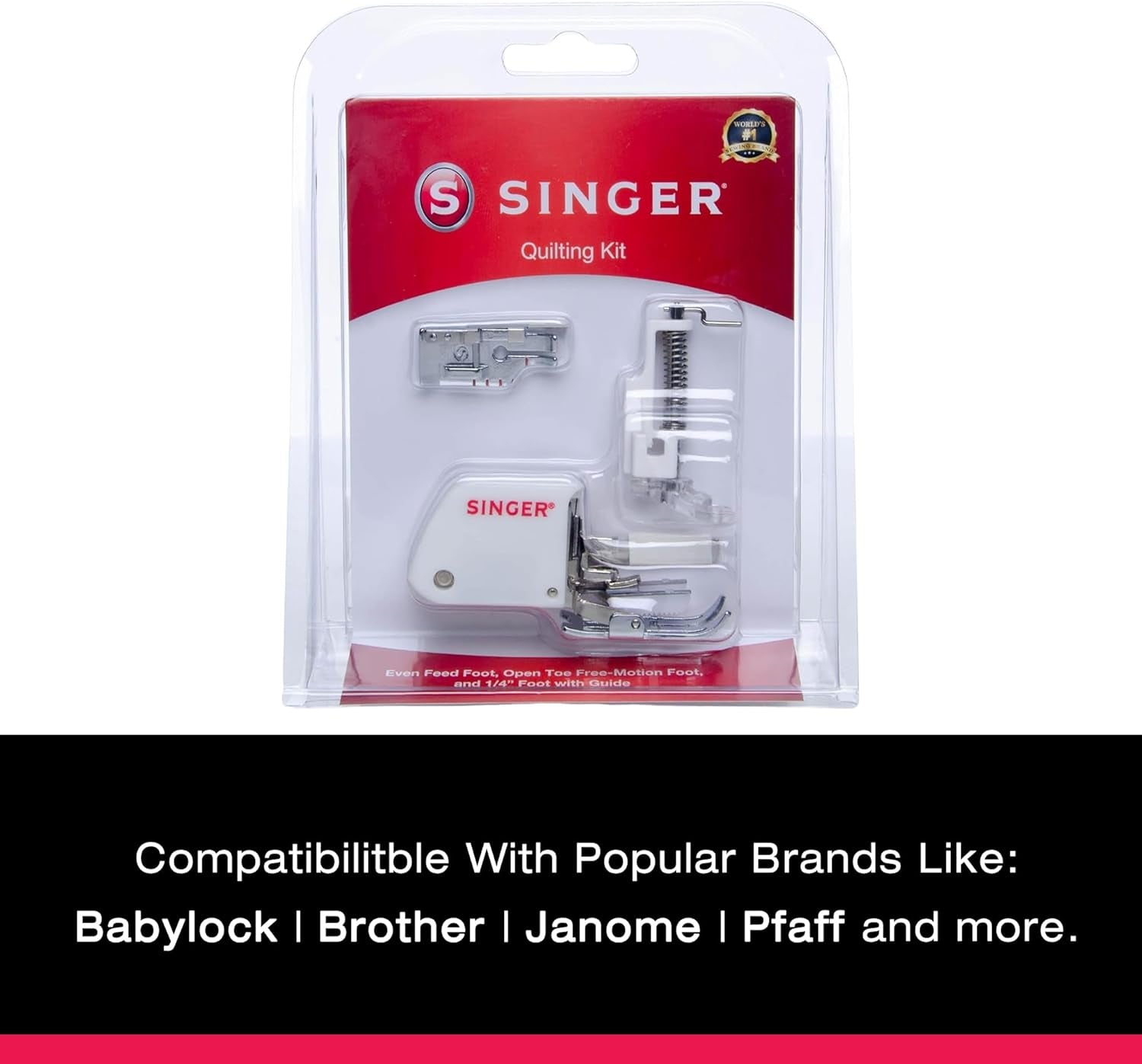 SINGER Quilting Presser Foot Kit | 3 Essential Presser Feet for Quilting – Even Feed Foot, Quarter Inch Foot with Guide & Open Toe Free Motion Foot | Compatible with SINGER CA-CC, CE, EA-EC Series