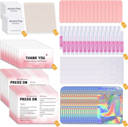 Press on Nail Tool Kit for Nail Business, Nail Prep Application Disposable Kit with Nail File, Nail Glue, Prep Pads, Instruction Card, Adhesive Nail Tabs, Wood Stick, Holographic Bag (20Pcs in Pink)