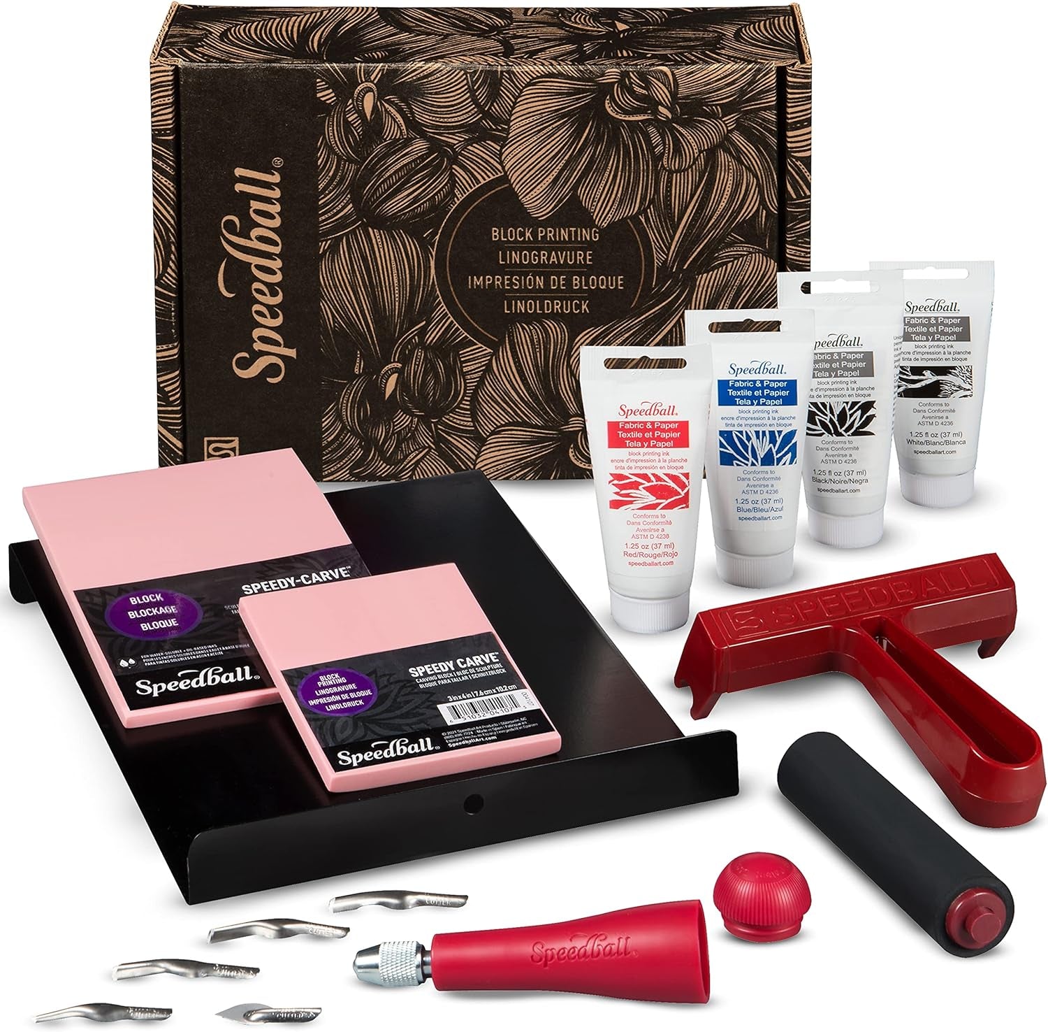 Speedball Deluxe Linocut Block Printing Kit, for Fabric, 14 Pieces, Includes Inks, Brayer, Bench Hook, Lino Handle and Cutters, Speedy-Carve Relief Blocks
