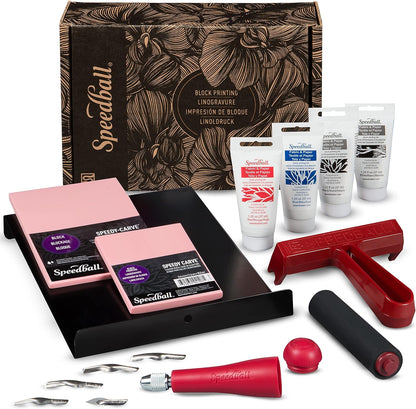 Speedball Deluxe Linocut Block Printing Kit, for Fabric, 14 Pieces, Includes Inks, Brayer, Bench Hook, Lino Handle and Cutters, Speedy-Carve Relief Blocks