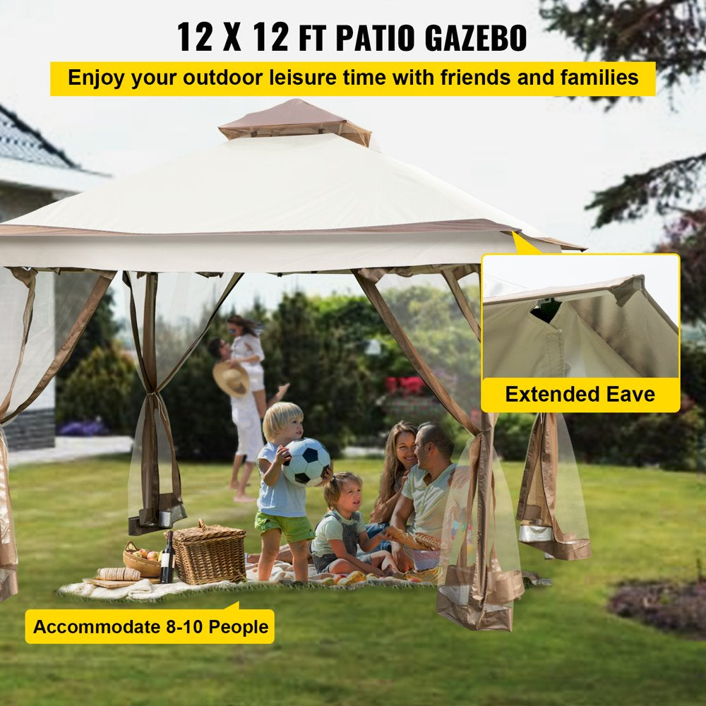 brand 12X12Ft Pop-Up Brown Rectangle Gazebo, Equipped with Four Sandbags, Ground Spikes, Netting, Ropes, Carrying Bag - Portable Brown Tent for Backyard, Patio and Lawn