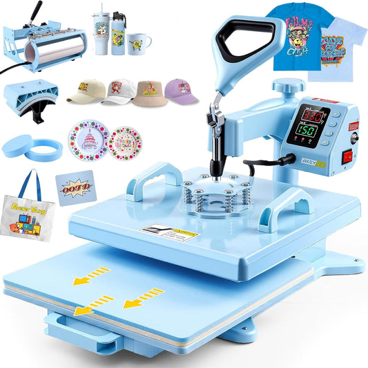 Upgrade 15X15 Heat Press, 5In1 Set Heat Press Machine with 11-30Oz Tumbler/Mug/Hat Press, 360° Swing Away Digital Shirt Press, Slide Out Sublimation Heatspress for Beginners (15‘’X15‘’ Blue 5In1)