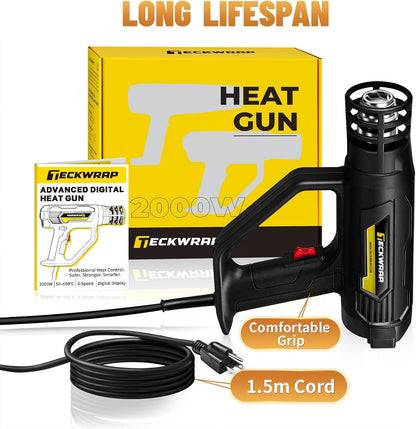 Heat Gun 2000W with LCD Display, Adjustable Hot Air Gun for Vinyl Wrap, Shrink Wrap, Paint Removal & DIY Crafts (122–1202°F)