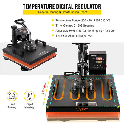 Heat Press Machine 15"X15" 8 in 1 Combo Digital Multifunctional Sublimation Heat Transfer Machine Dual LED Display 360 Degree Rotation Swing Away