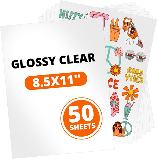Sublimation Sticker Paper - 50 Pcs Glossy Transparent Waterproof Sublimation Stickers 8.5 * 11In for Decoration