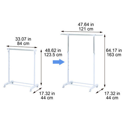 Adjustable Rolling Garment Rack Metal Chrome, White, 84-121Wx44Dx123.5-163Hcm