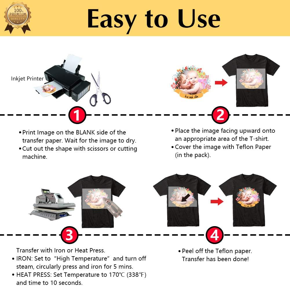 Transourdream Tru-Iron on Heat Transfer Paper for Dark Fabric (100 Sheets, 8.5X11") T Shirt Transfers Paper for Inkjet Printer Printable Heat Transfer Vinyl for T-Shirts (TRANS-D1-100)
