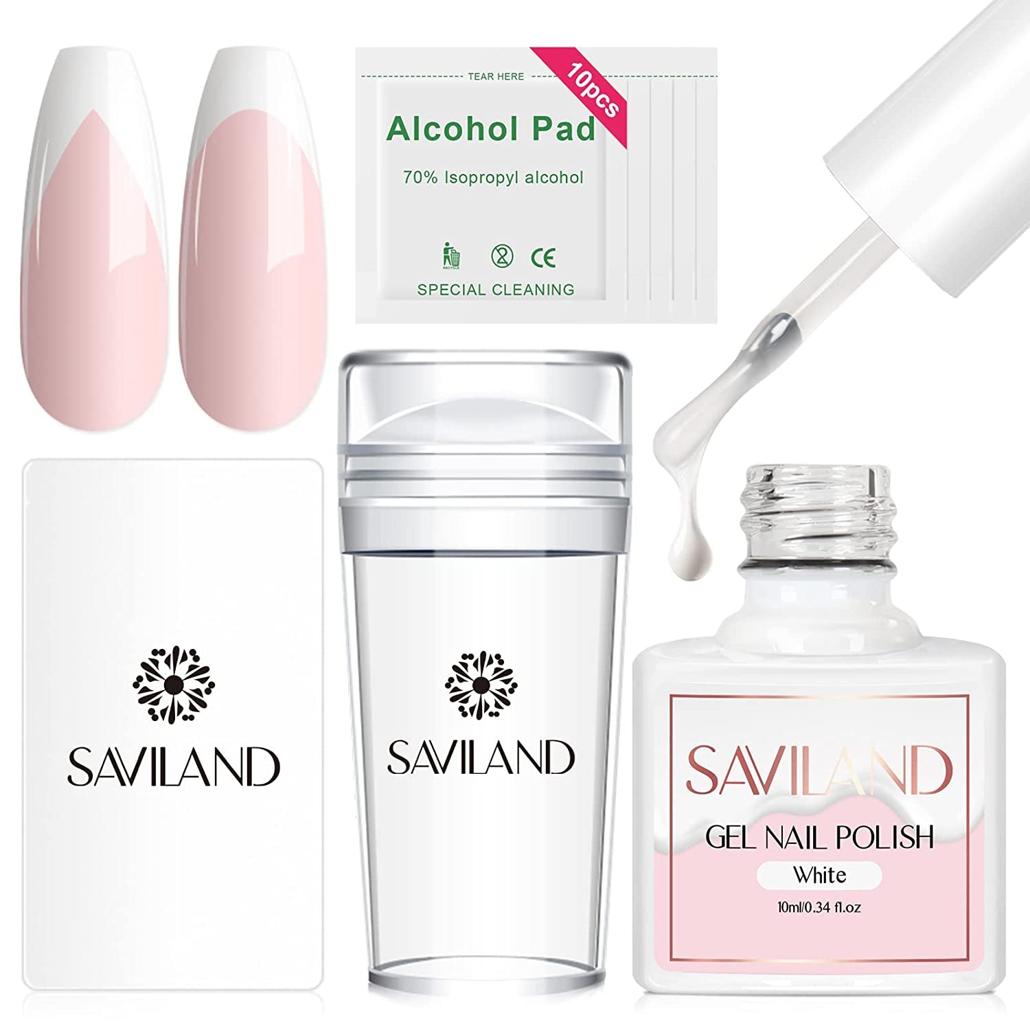 Saviland French Manicure Kit: French Tip Nail Stamp with White Gel Nail Polish Set, Jelly Silicone Nail Stamper Nail Stamper Kit for French Nails Home DIY Nail Salon