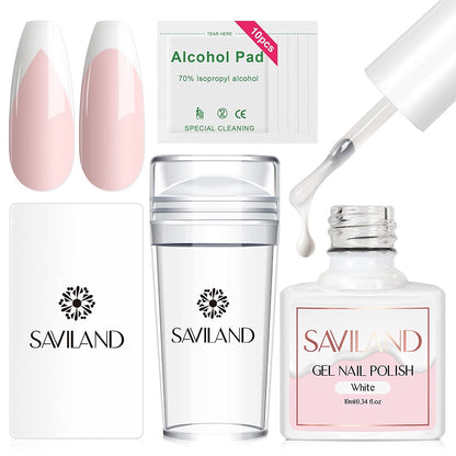 Saviland French Manicure Kit: French Tip Nail Stamp with White Gel Nail Polish Set, Jelly Silicone Nail Stamper Nail Stamper Kit for French Nails Home DIY Nail Salon