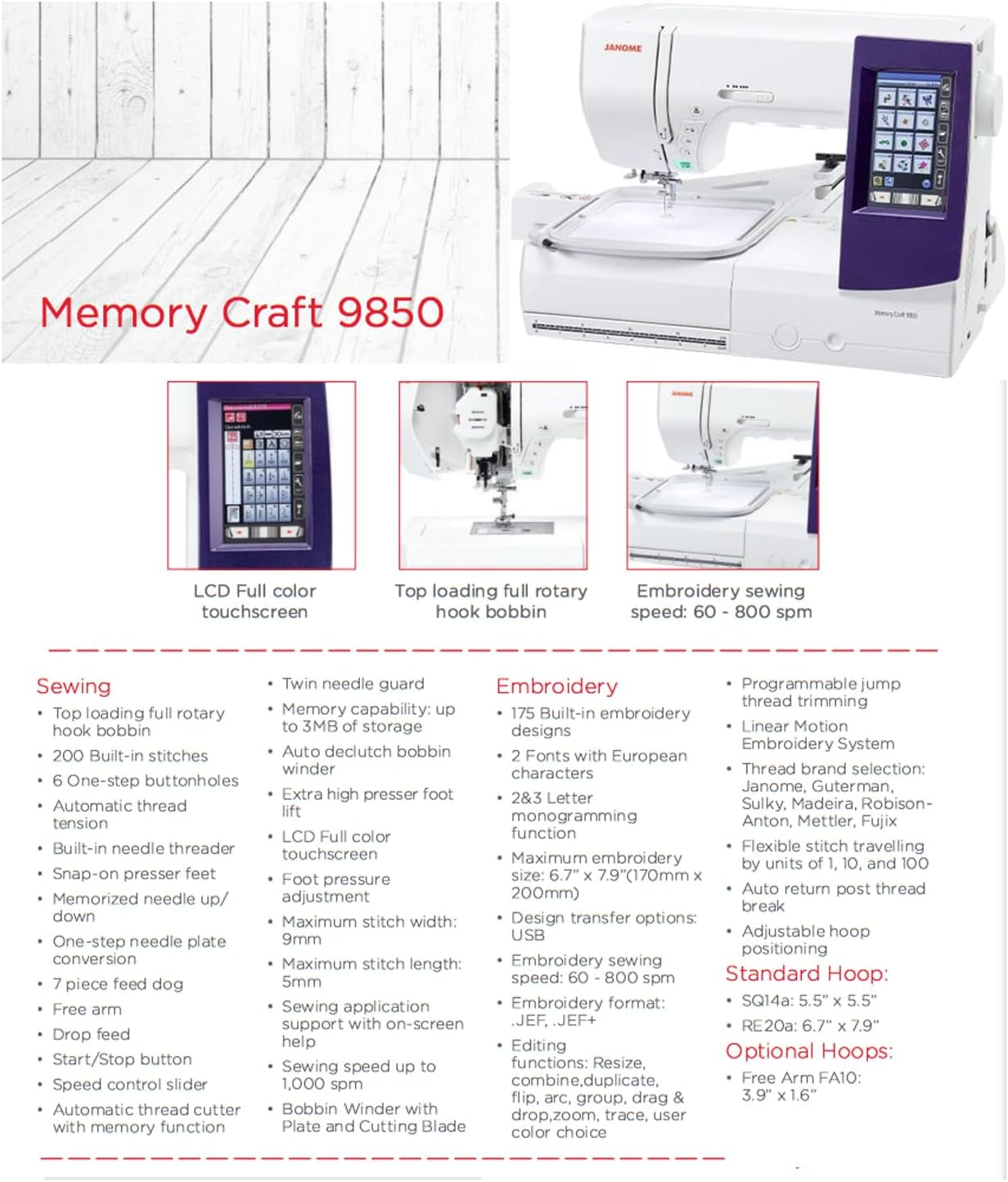 Janome Horizon Memory Craft 9850 Embroidery and Sewing Machine