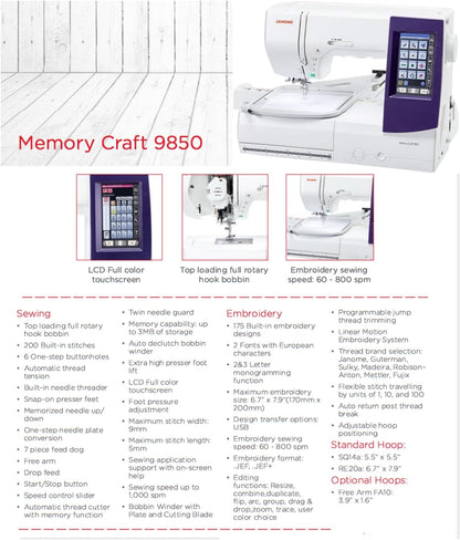 Janome Horizon Memory Craft 9850 Embroidery and Sewing Machine
