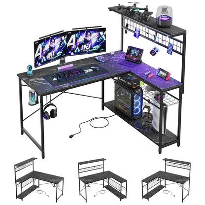 51 L Shaped Gaming Desk with Power Outlets, LED Workstation with 4 Tiers Shelves for Home Office, Gamer Reversible Table with Hooks and Cup Holder, Black Marble