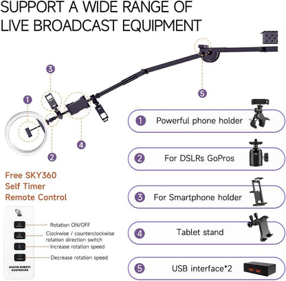 MWE Sky Overhead 360 Photo Booth for Big Parties with Software APP Remote Control Rotating 360-Degree Full Body Spin with Ring Light and Stand for up to 15 People (Booth+Arm)