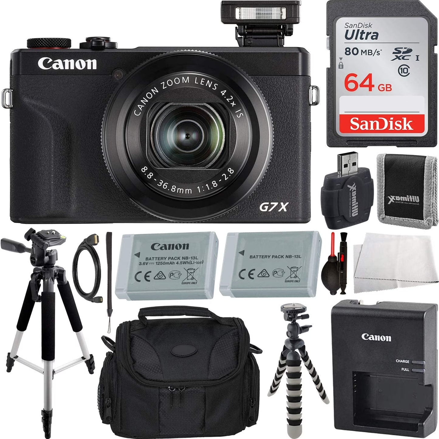 Canon Powershot G7 X Mark III Digital Camera (Black) with Essential Accessory Bundle - Includes: Sandisk Ultra 64GB SDXC Memory Card, 1X Seller Supplied Replacement Battery, 50" Tripod & MUCH More