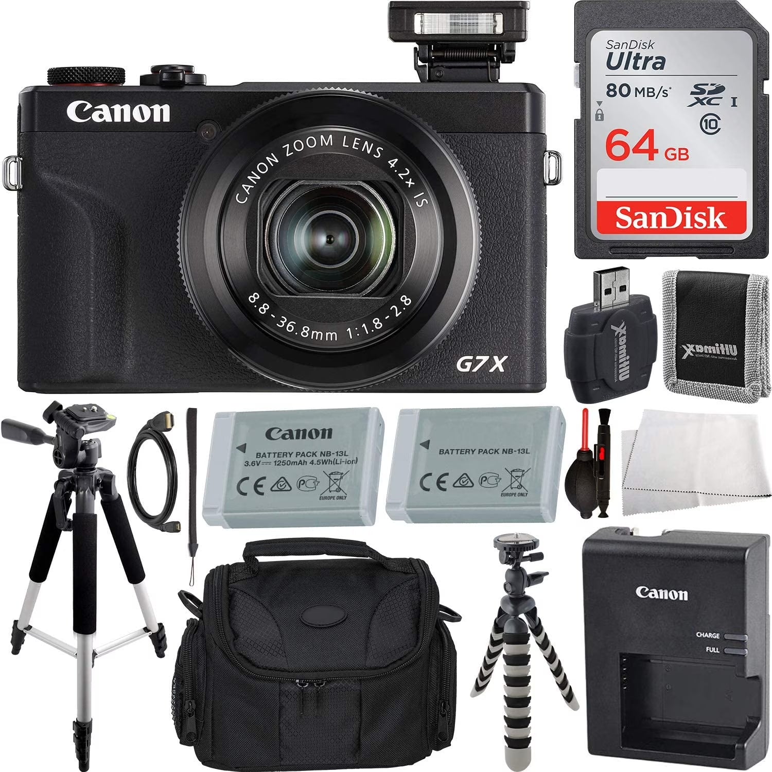 Canon Powershot G7 X Mark III Digital Camera (Black) with Essential Accessory Bundle - Includes: Sandisk Ultra 64GB SDXC Memory Card, 1X Seller Supplied Replacement Battery, 50" Tripod & MUCH More