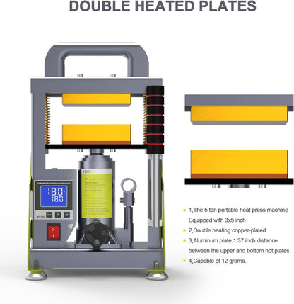 5 Ton Hydraulic Heat Press Machine with 3X5 Inch Heated Plates,Auto Temperature Adjustment Heat Press