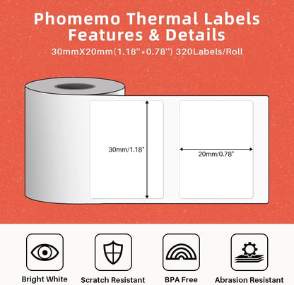Phomemo Rectangle Barcode Labels, Multi-Purpose White Self-Adhesive Tag for M110/M110S/M120/M200/M220 Label Maker Machine, 1.18'' X 0.78"(30X 20Mm), 320 Labels/Roll, Black on White