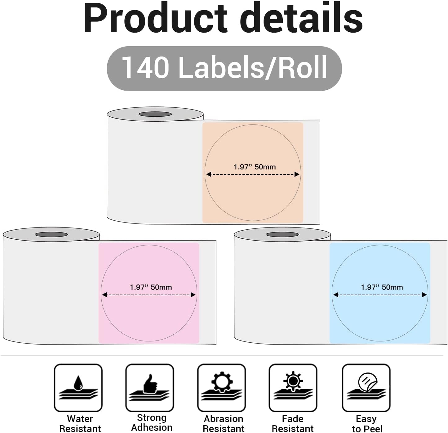 Phomemo M110 round Labels, Self-Adhesive Thermal Label Stickers Compatible with M110 M120 M200 M220 M221 M150 M250 M260 M108 M100 Label Printer, Black Text on Color, 1.96" X1.96 (50X50Mm), 3/Rolls