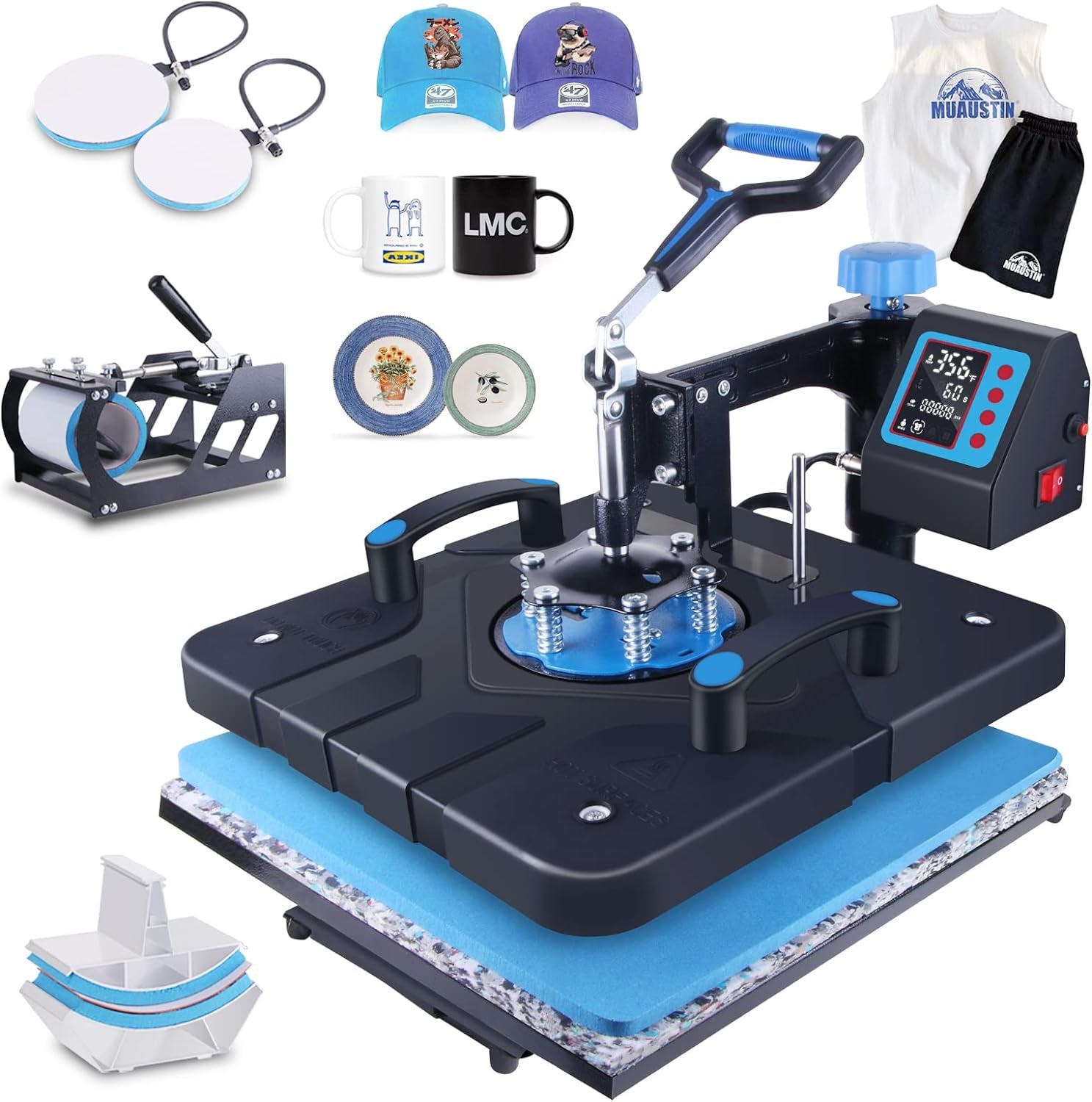 Upgraded 5 in 1 Heat Press Machine 15X15 Inch Heat Transfer Machine 360-Degree Swing Away Multifunction Digital Sublimation Combo Heat Press for T Shirt Mug Hat Plate for Commercial Home 110V