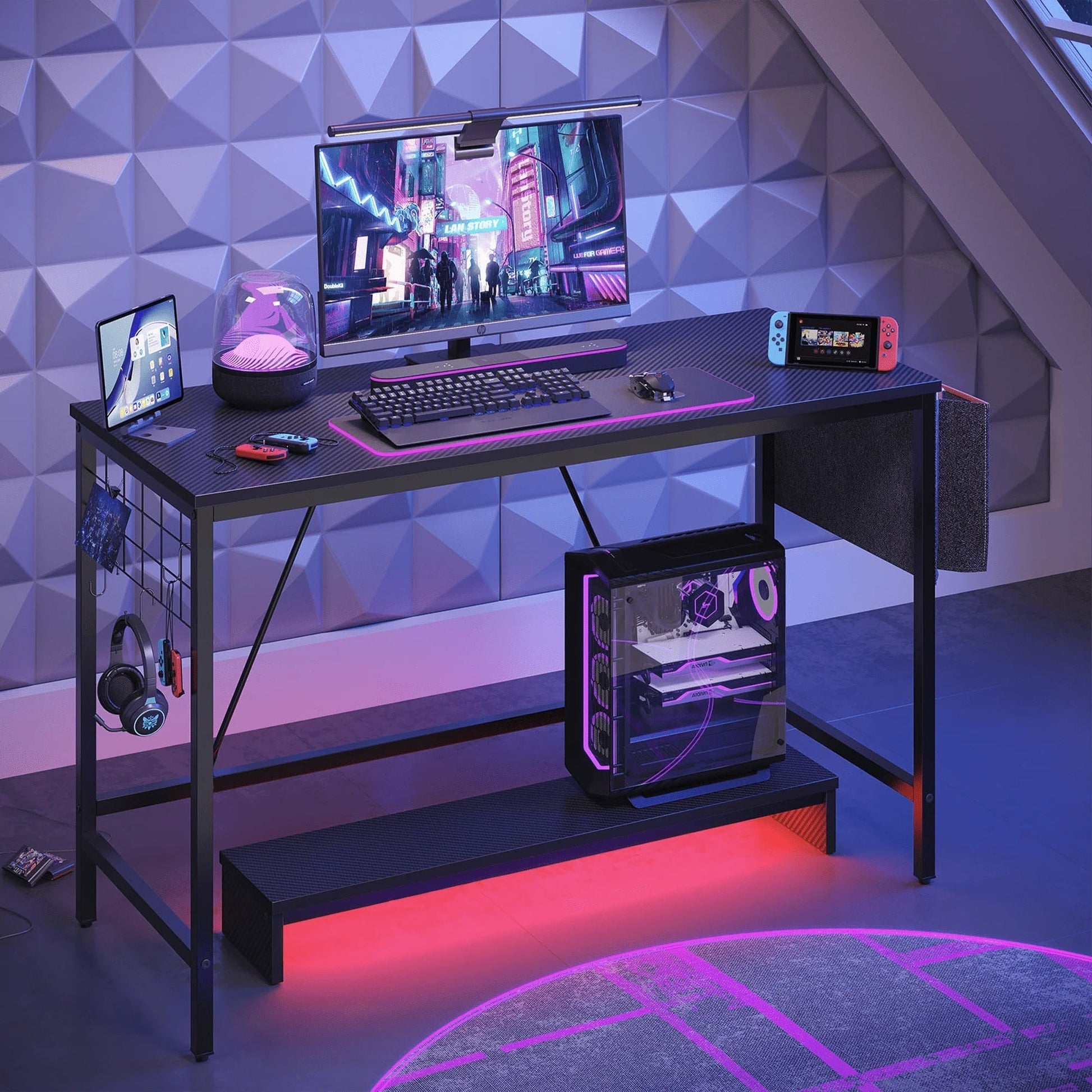 41.7 Inch Gaming Desk with LED Monitor Stand, Storage Pocket, Grid Side Frame, for Gaming Room and Home Office, Carbon Fiber Black
