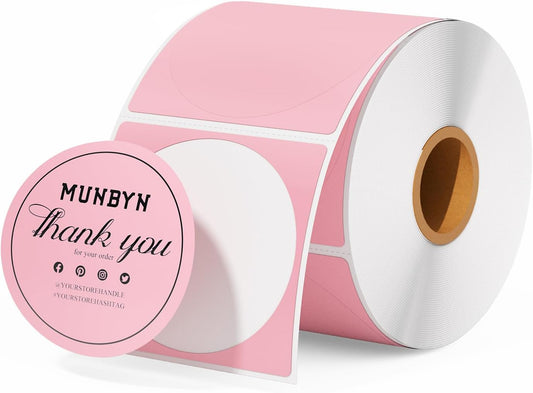 MUNBYN 2 Inch Pink Circle Thermal Sticker Labels, Self-Adhesive round Direct Thermal Labels for Logo Design, QR Code, 750 Sheets/1 Roll