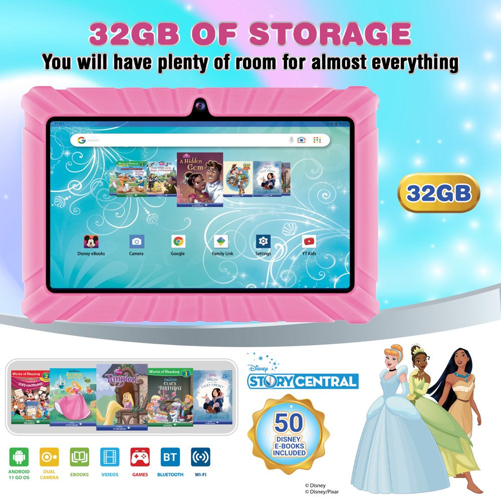 7" Kids Tablet 32GB, 50+ Disney Storybooks, Kid-Proof Case (2023 Model) - Pink