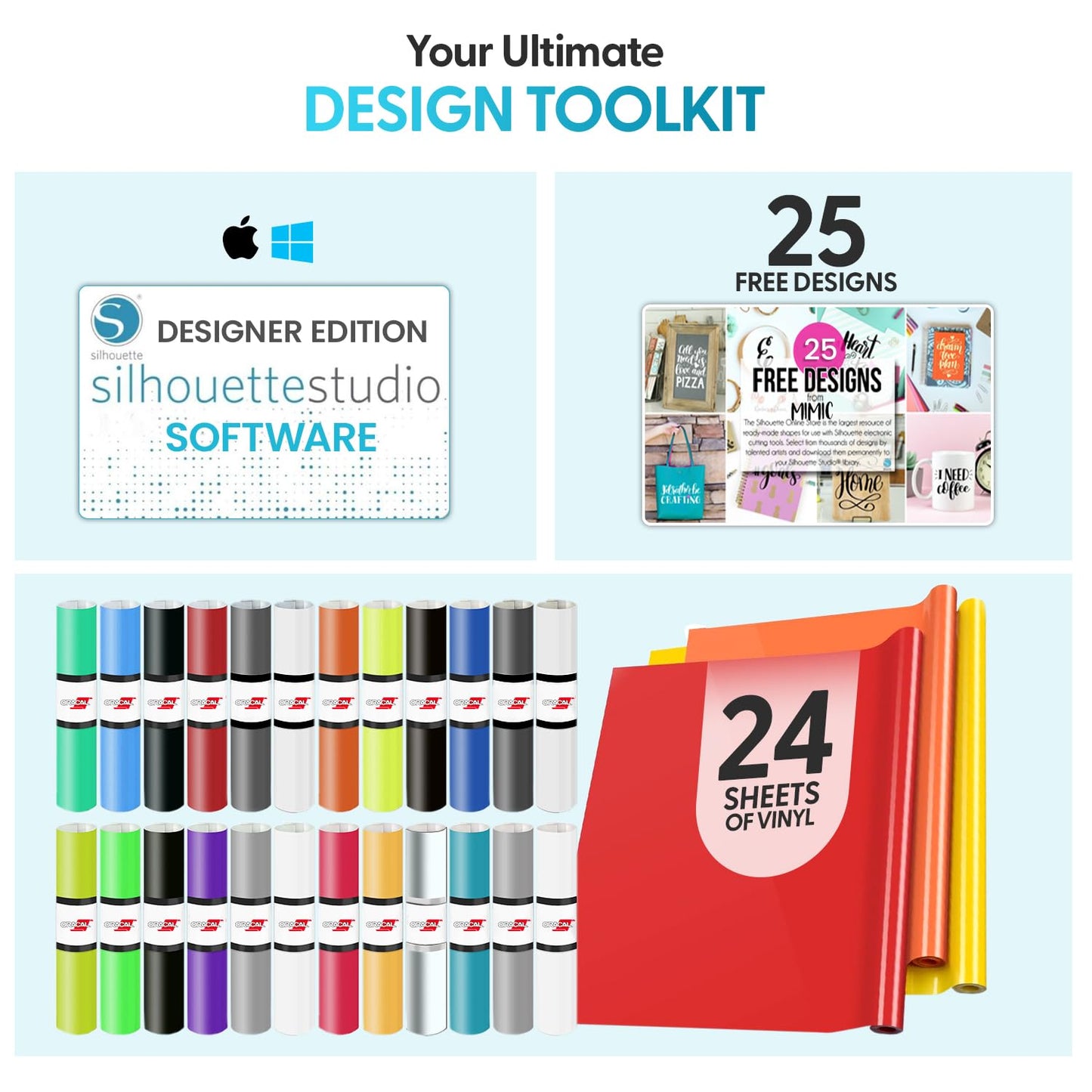 Silhouette America Portrait 4 Vinyl Cutting Machine, Starter Bundle - 9"" Precision Cutter with Designer Edition Software, 24 Sheets Oracle Vinyl, Tool Kit & 25 Free Designs - Electric Tool Compatible