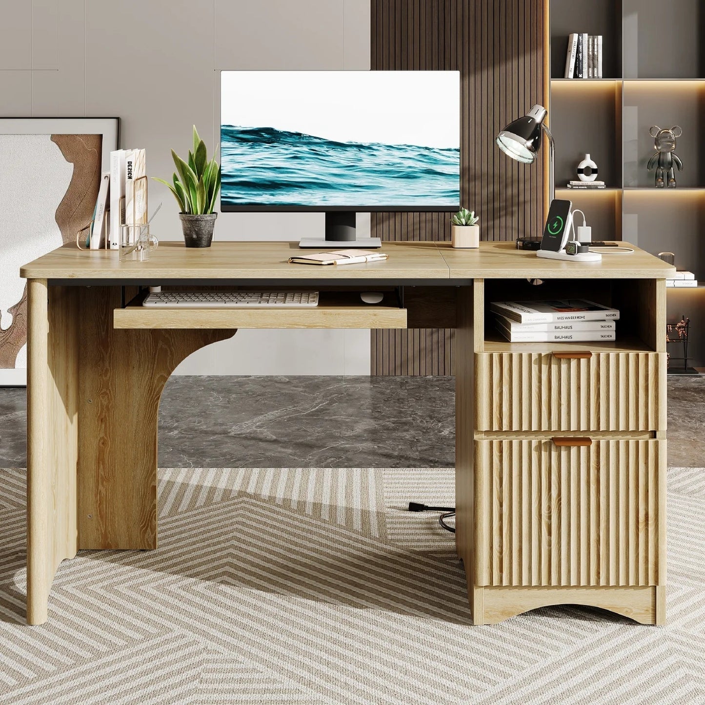55" Computer Writing PC Desk Home Office with Power Outlets Keyboard Tray and Storage Drawers, Log
