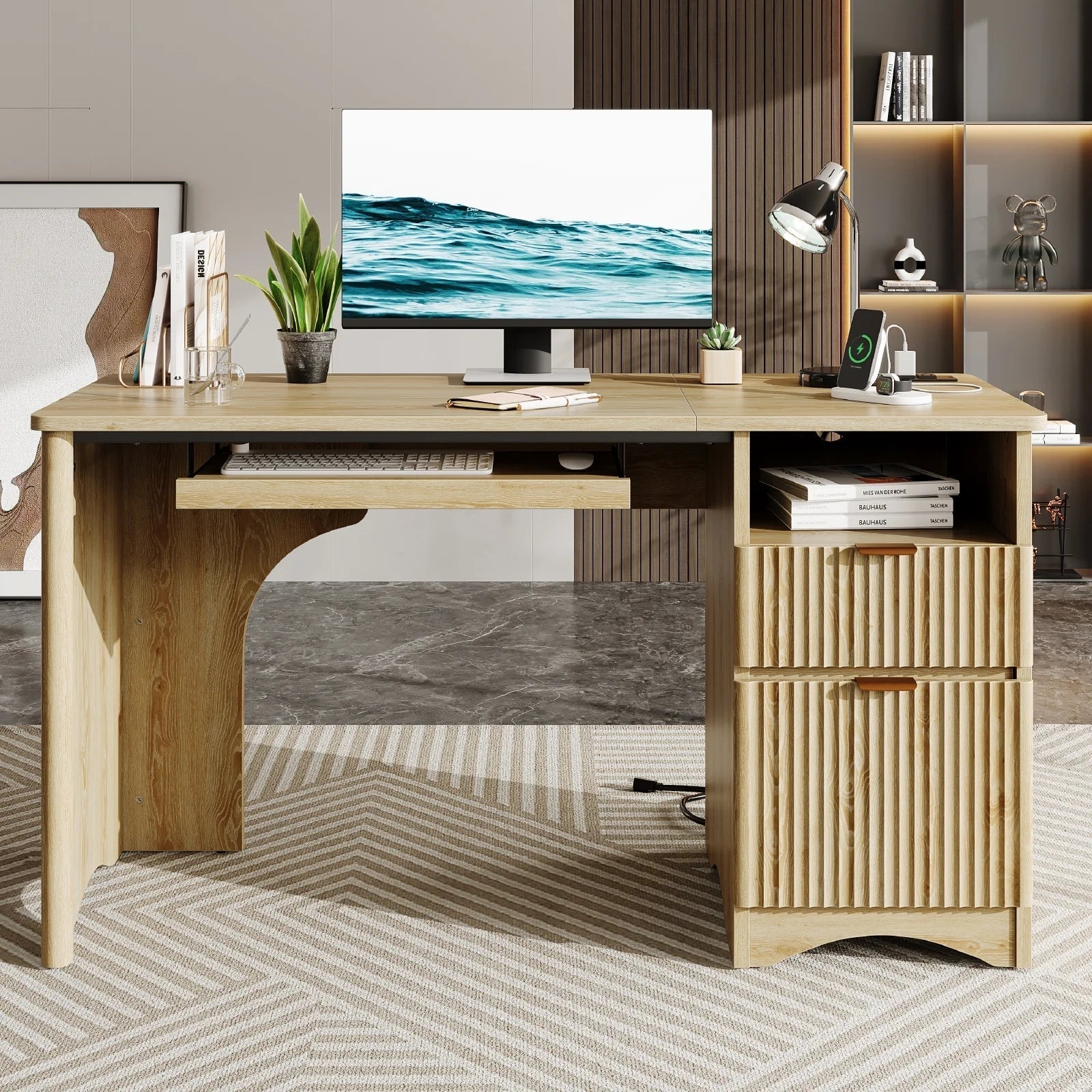 55" Computer Writing PC Desk Home Office with Power Outlets Keyboard Tray and Storage Drawers, Log